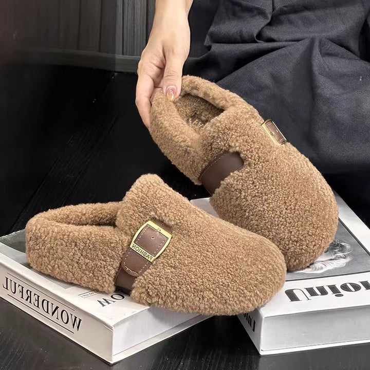 Women's Fluffy Buckle-Strap Flat Slip-On Slippers