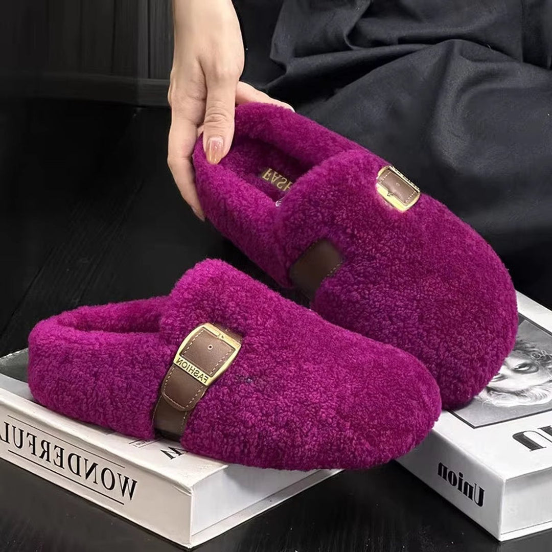 Women's Fluffy Buckle-Strap Flat Slip-On Slippers