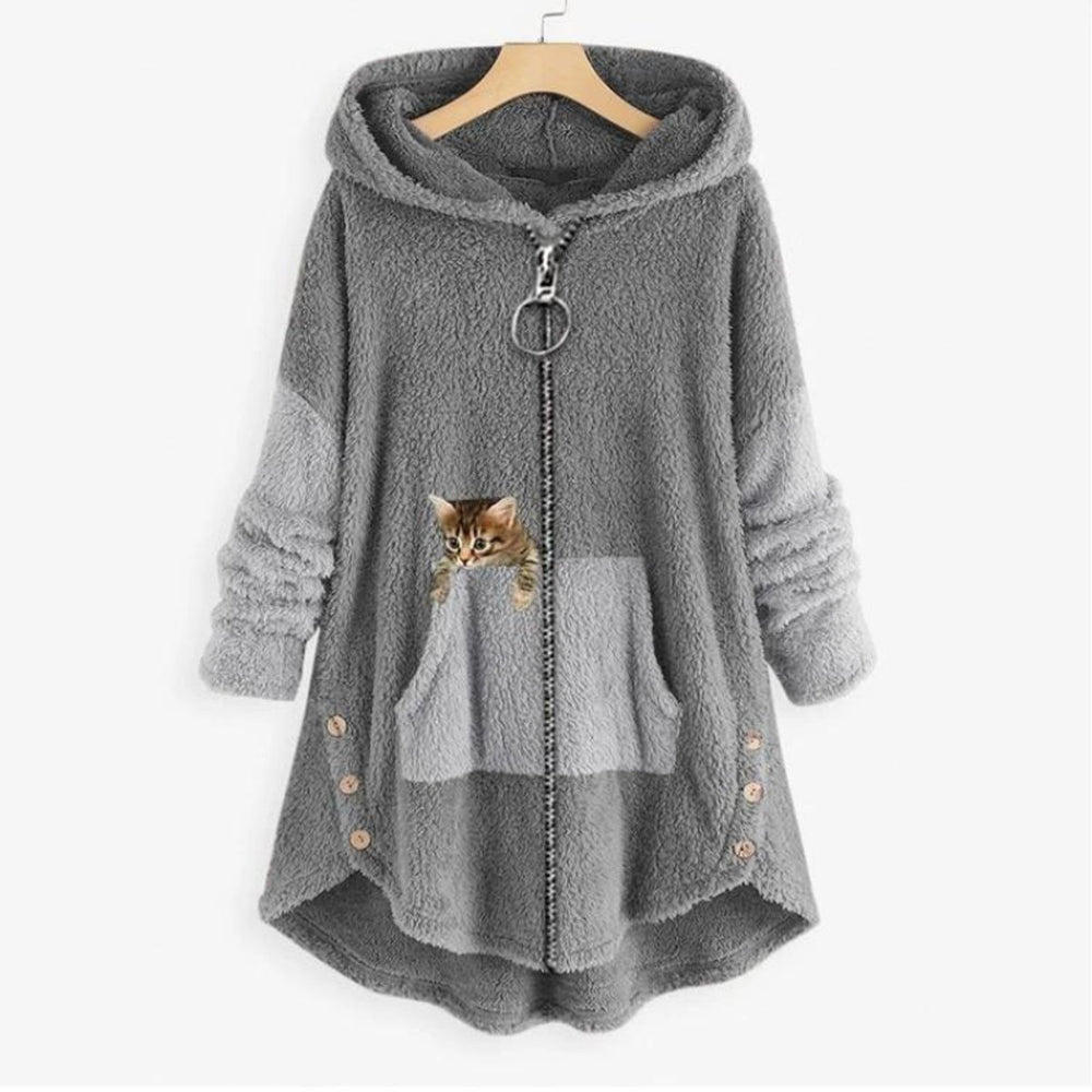 Women's Fluffy Zip-Up Hooded Coat Cat Pocket Fleece Jacket