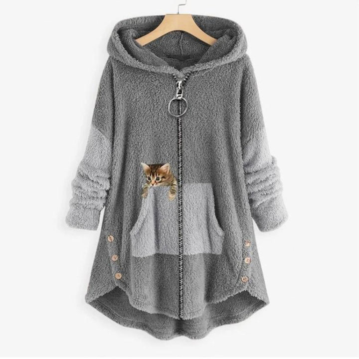 Women's Fluffy Zip-Up Hooded Coat Cat Pocket Fleece Jacket