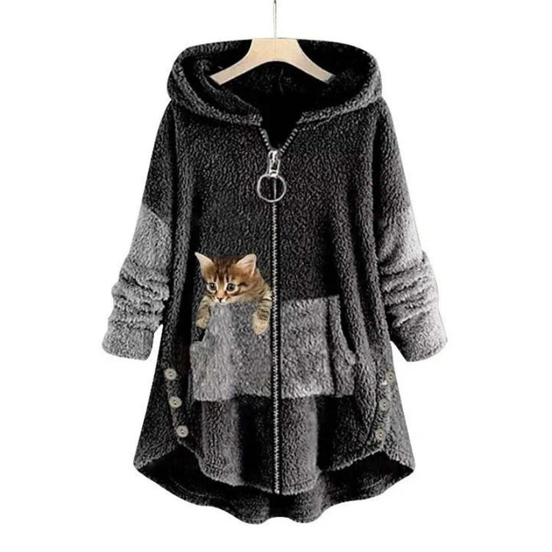 Women's Fluffy Zip-Up Hooded Coat Cat Pocket Fleece Jacket