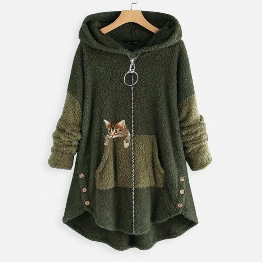 Women's Fluffy Zip-Up Hooded Coat Cat Pocket Fleece Jacket
