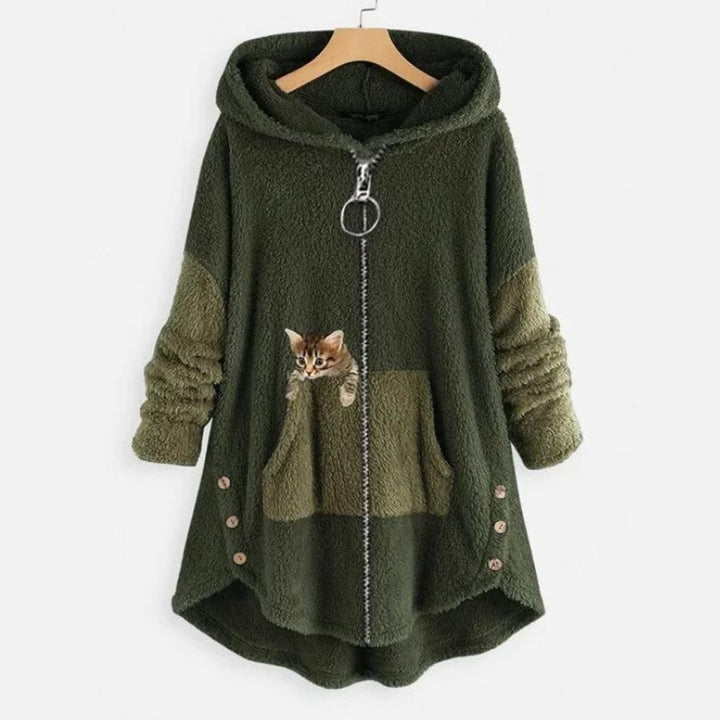 Women's Fluffy Zip-Up Hooded Coat Cat Pocket Fleece Jacket