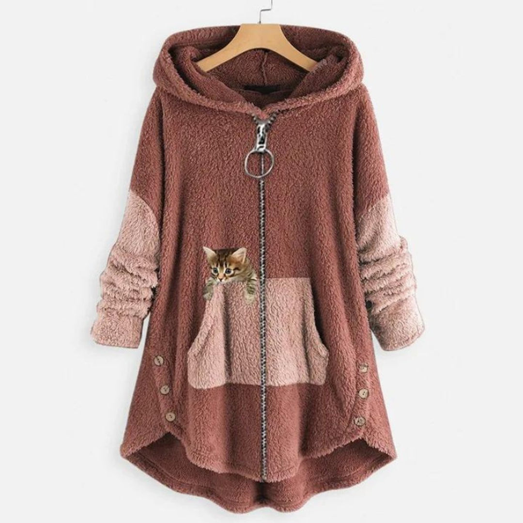 Women's Fluffy Zip-Up Hooded Coat Cat Pocket Fleece Jacket
