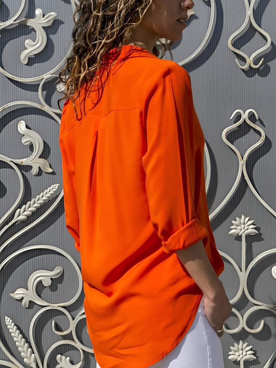 Women's Fluid Classic-Collar Roll-Up Sleeve Blouse Long-Sleeve Top