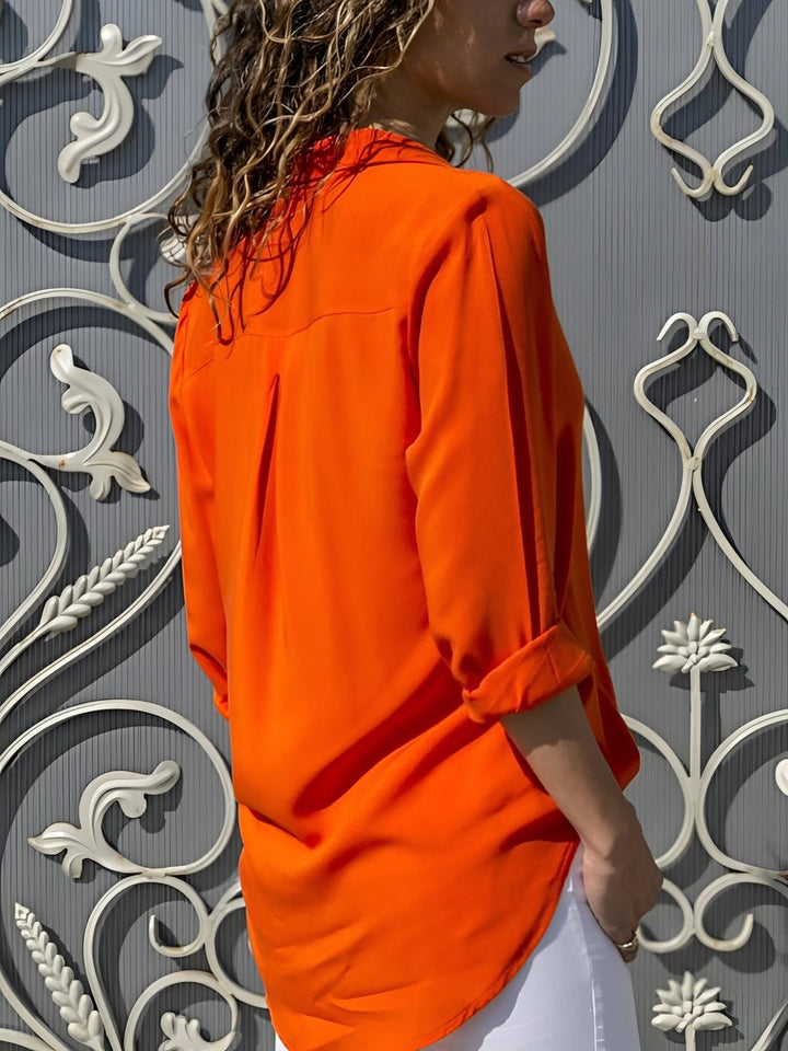 Women's Fluid Classic-Collar Roll-Up Sleeve Blouse Long-Sleeve Top