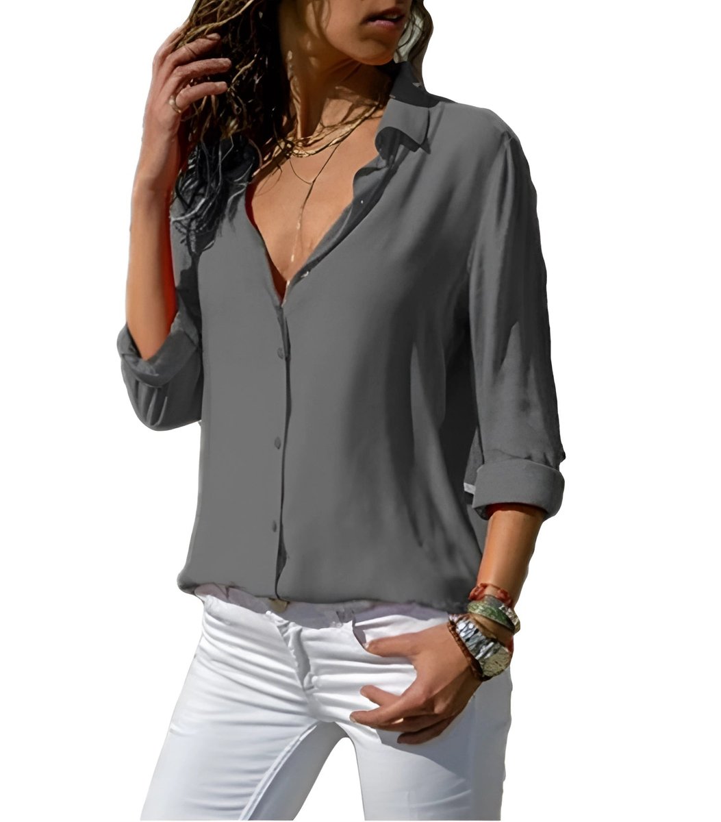 Women's Fluid Classic-Collar Roll-Up Sleeve Blouse Long-Sleeve Top