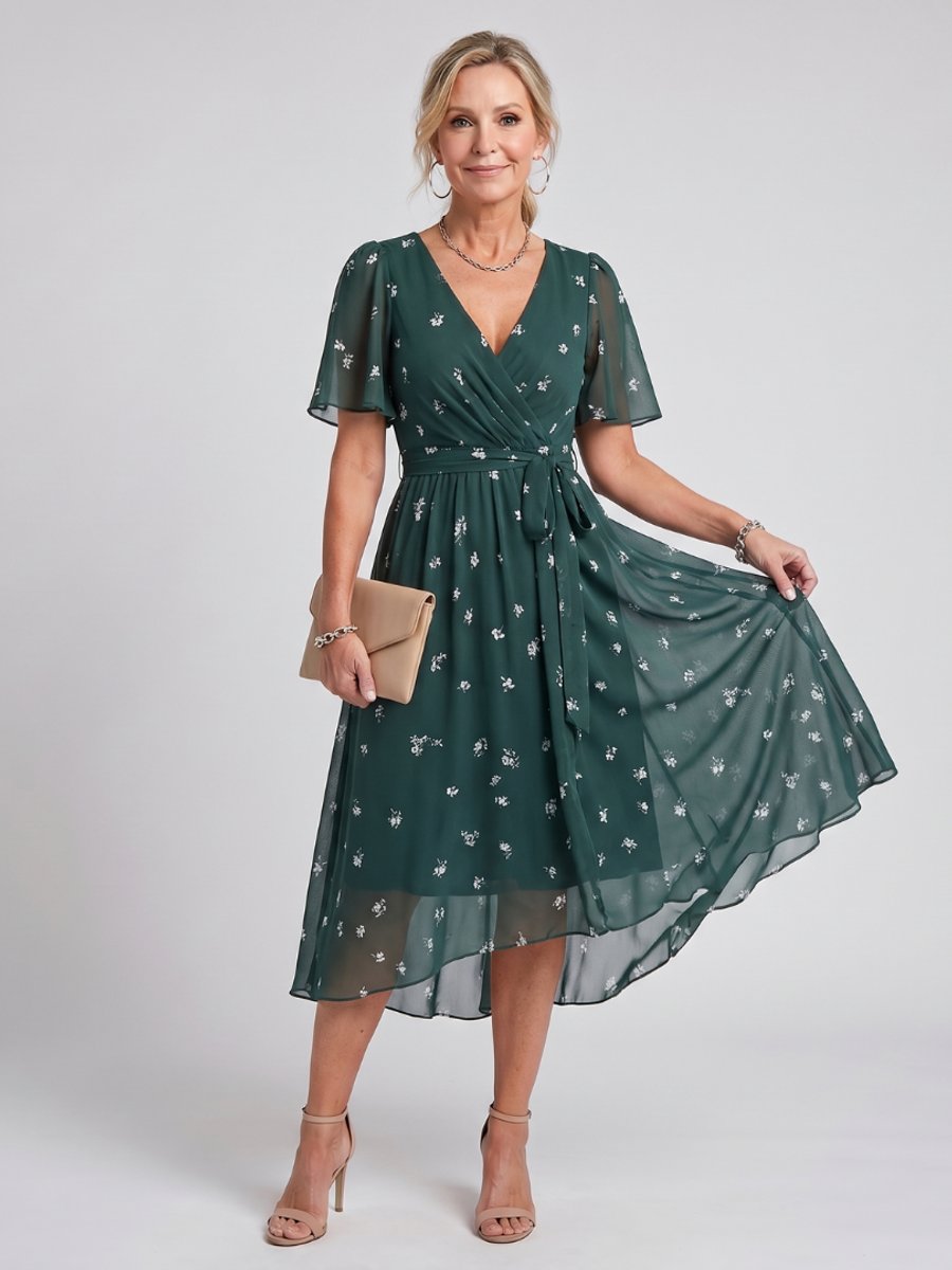 Women's Flutter Sleeve Floral Print Everyday Day Dress Midi