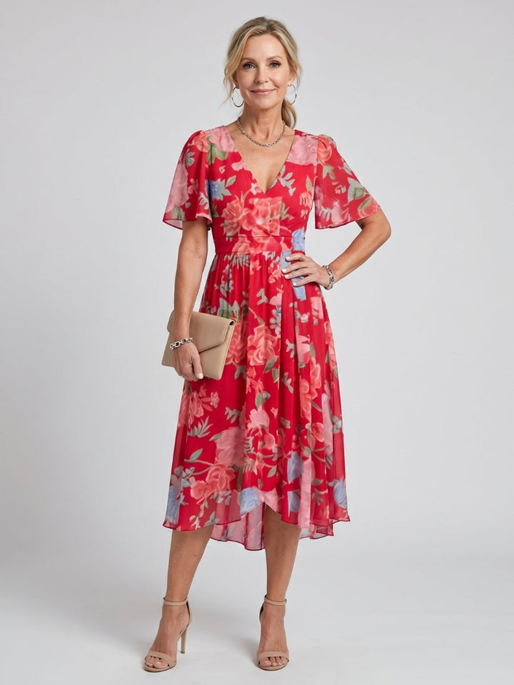Women's Flutter Sleeve Floral Print Everyday Day Dress Midi