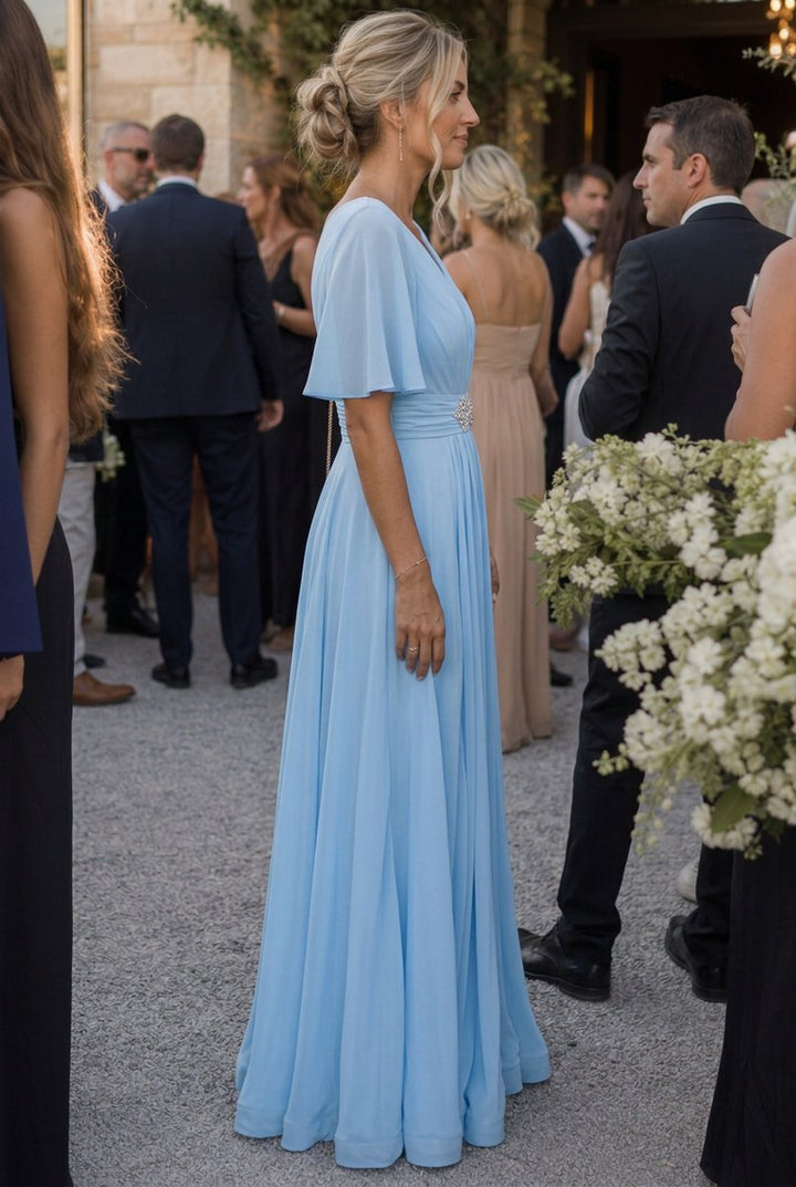 Women's Flutter Sleeve V-Neck Embellished Evening Maxi Party Dress