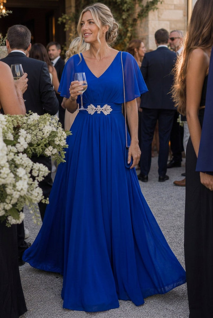Women's Flutter Sleeve V-Neck Embellished Evening Maxi Party Dress