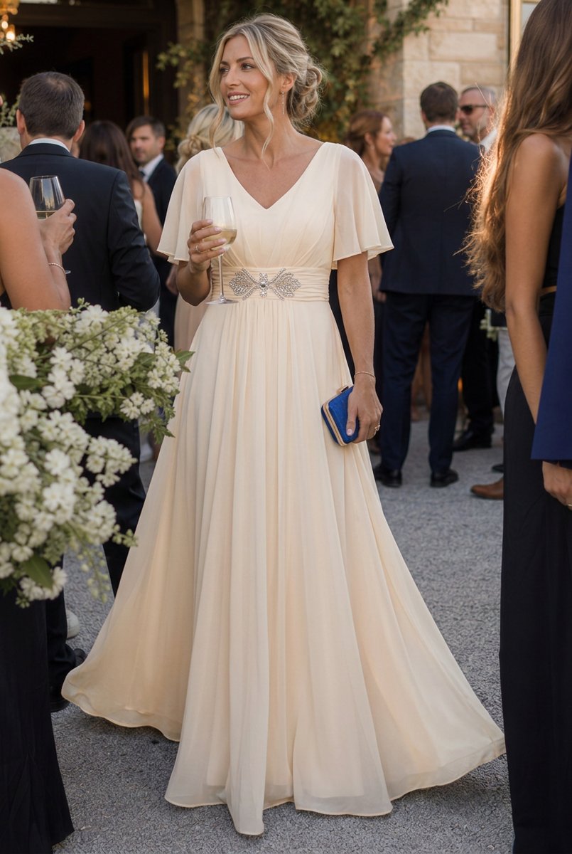 Women's Flutter Sleeve V-Neck Embellished Evening Maxi Party Dress