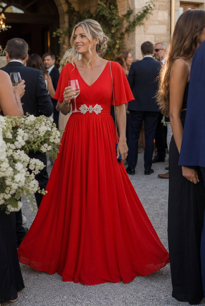 Women's Flutter Sleeve V-Neck Embellished Evening Maxi Party Dress