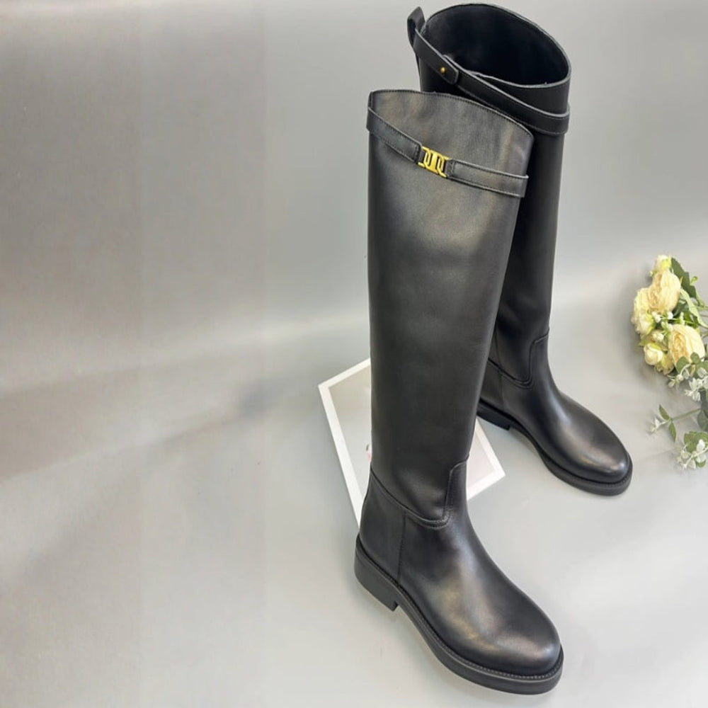 Women's Genuine Leather Knee-High Boots Round Toe Non-Slip