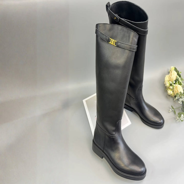Women's Genuine Leather Knee-High Boots Round Toe Non-Slip