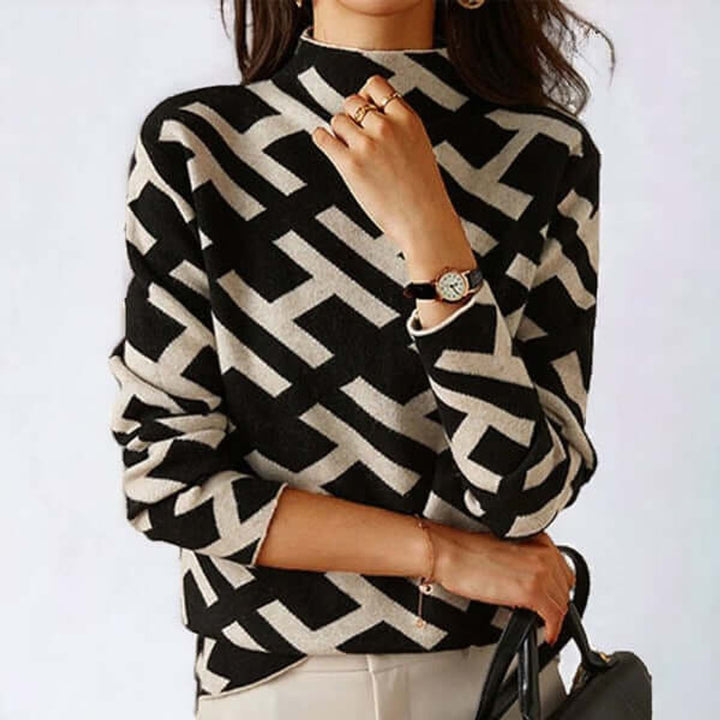 Women's Geometric Knit Roll-Neck Long-Sleeve Top