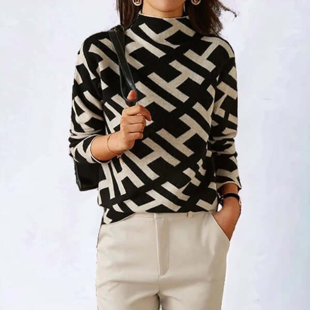Women's Geometric Knit Roll-Neck Long-Sleeve Top