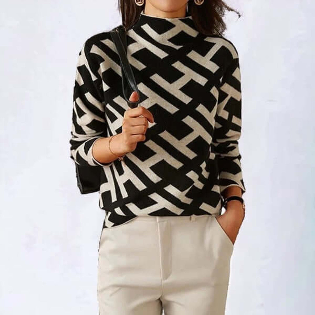 Women's Geometric Knit Roll-Neck Long-Sleeve Top