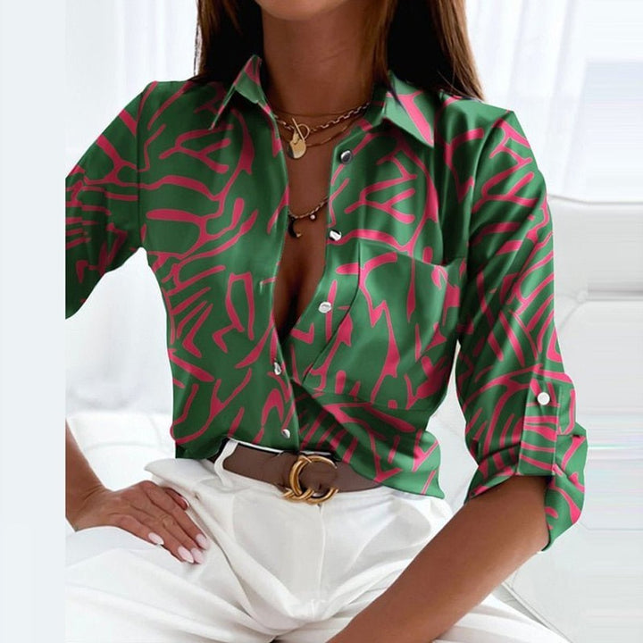 Women's Geometric Print Long-Sleeve Button-Up Collared Blouse