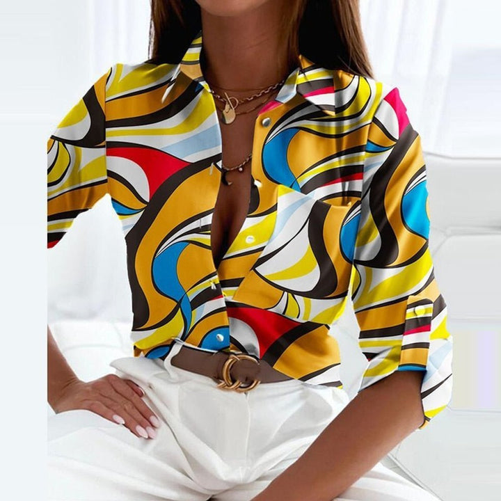 Women's Geometric Print Long-Sleeve Button-Up Collared Blouse