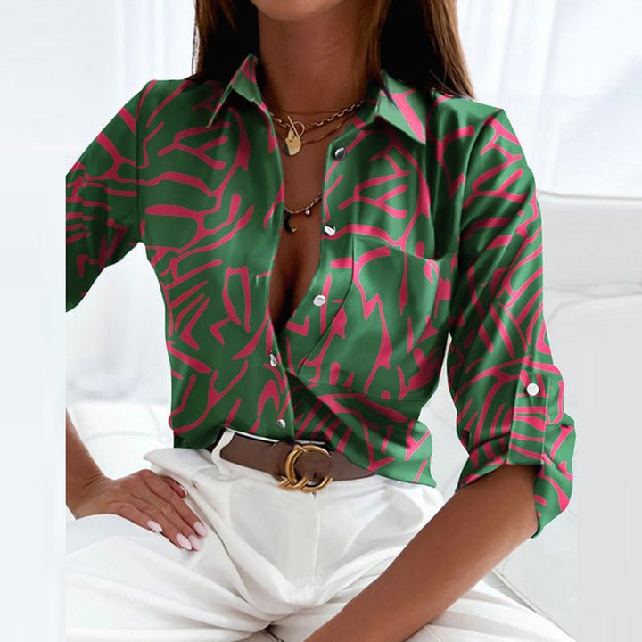 Women's Geometric Print Long-Sleeve Button-Up Collared Blouse