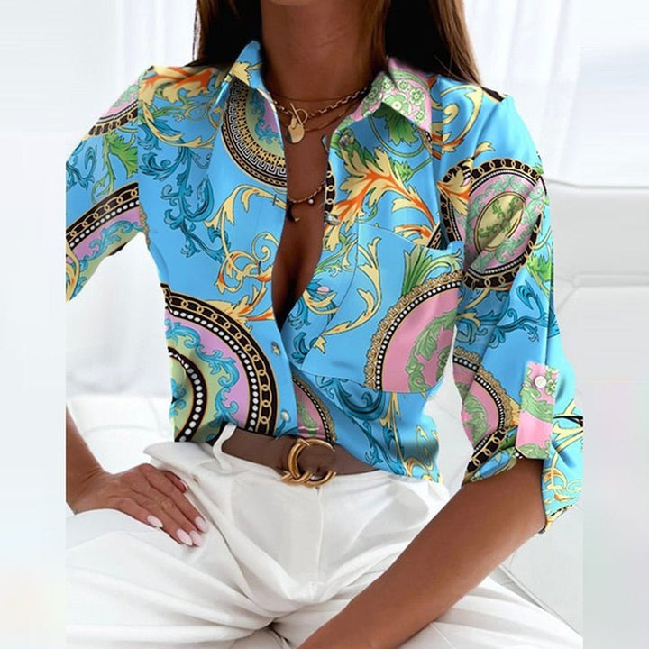 Women's Geometric Print Long-Sleeve Button-Up Collared Blouse