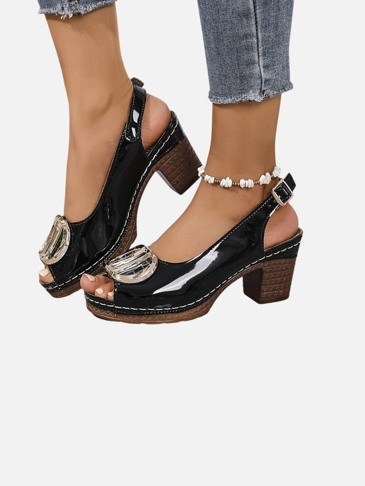 Women's Glossy Faux Leather Block Heel Peep Toe Heeled Court Shoes