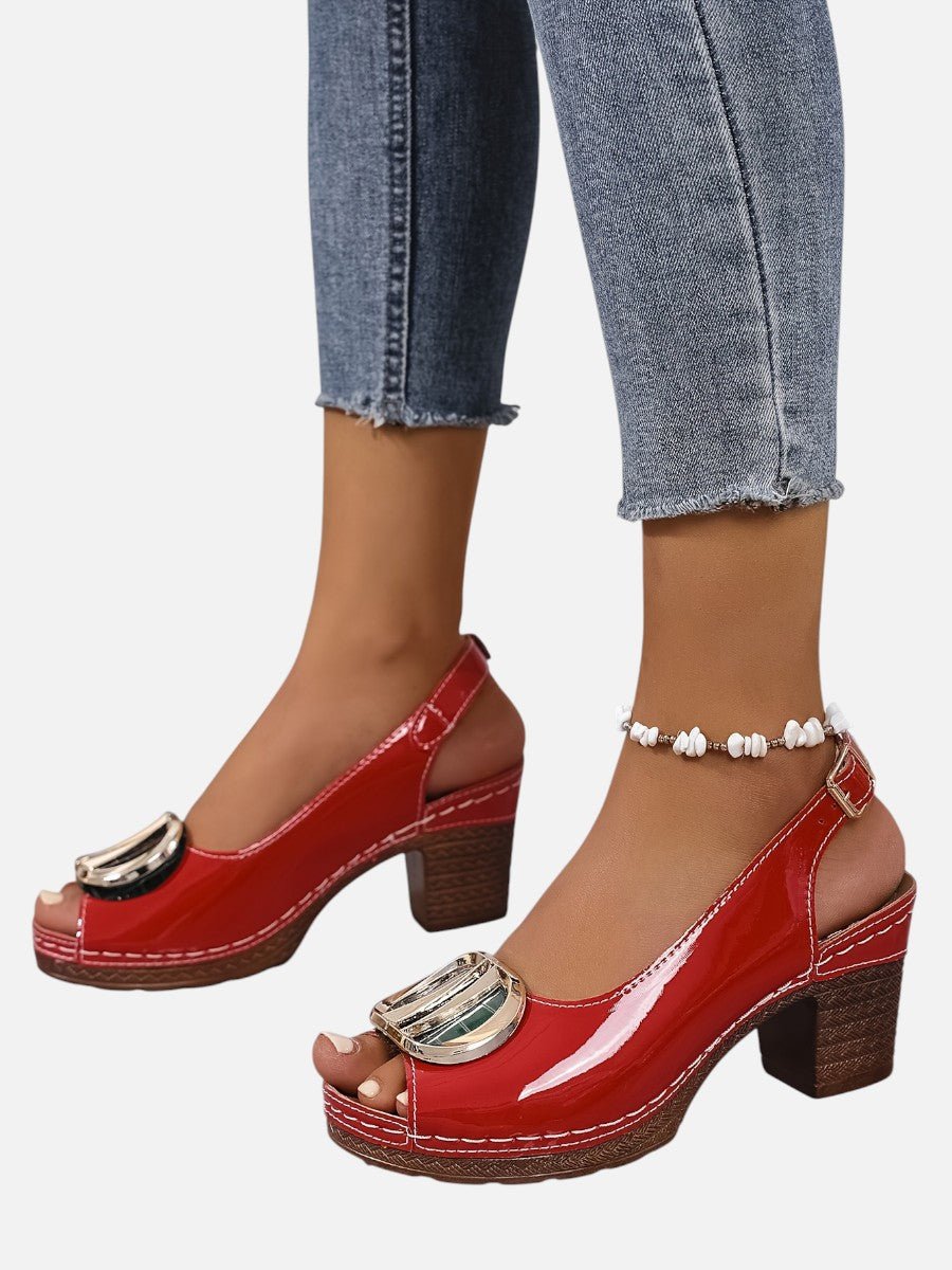 Women's Glossy Faux Leather Block Heel Peep Toe Heeled Court Shoes