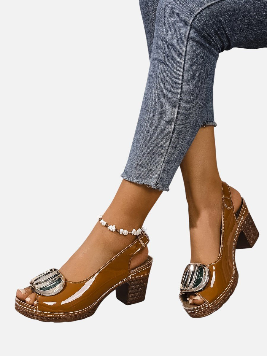 Women's Glossy Faux Leather Block Heel Peep Toe Heeled Court Shoes