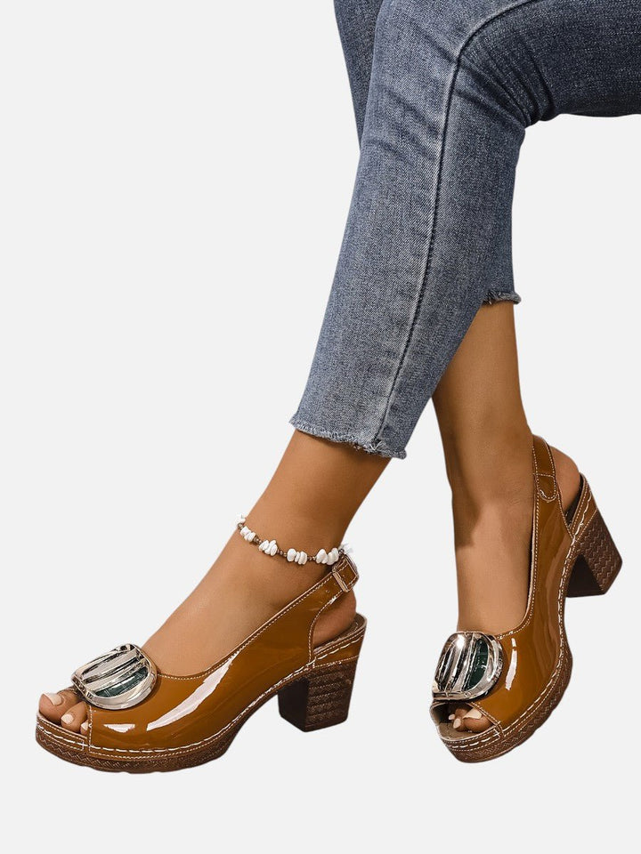 Women's Glossy Faux Leather Block Heel Peep Toe Heeled Court Shoes