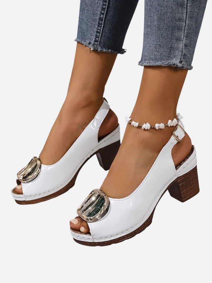 Women's Glossy Faux Leather Block Heel Peep Toe Heeled Court Shoes