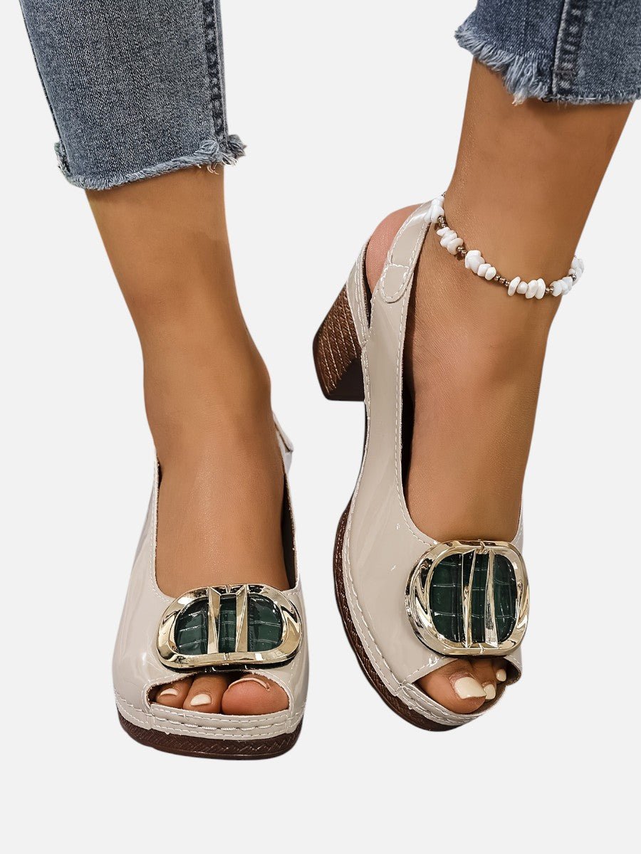 Women's Glossy Leather Look Peep-Toe Heeled Court Shoes