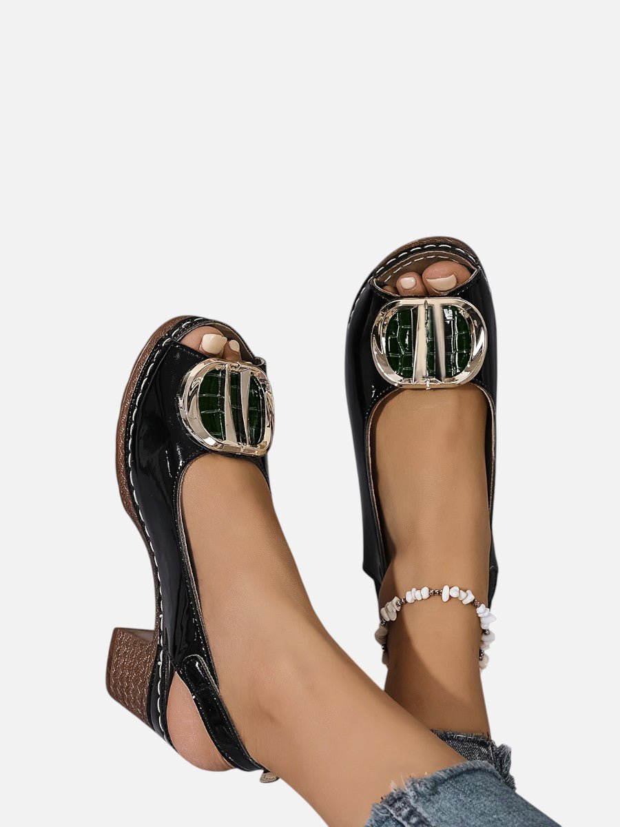 Women's Glossy Leather Look Peep-Toe Heeled Court Shoes