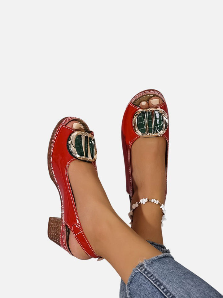 Women's Glossy Leather Look Peep-Toe Heeled Court Shoes
