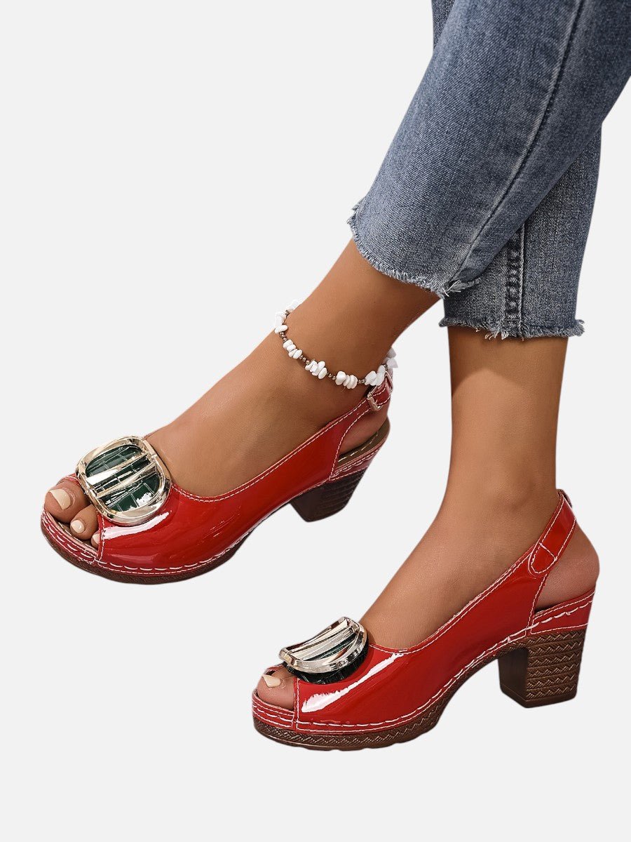 Women's Glossy Leather Look Peep-Toe Heeled Court Shoes