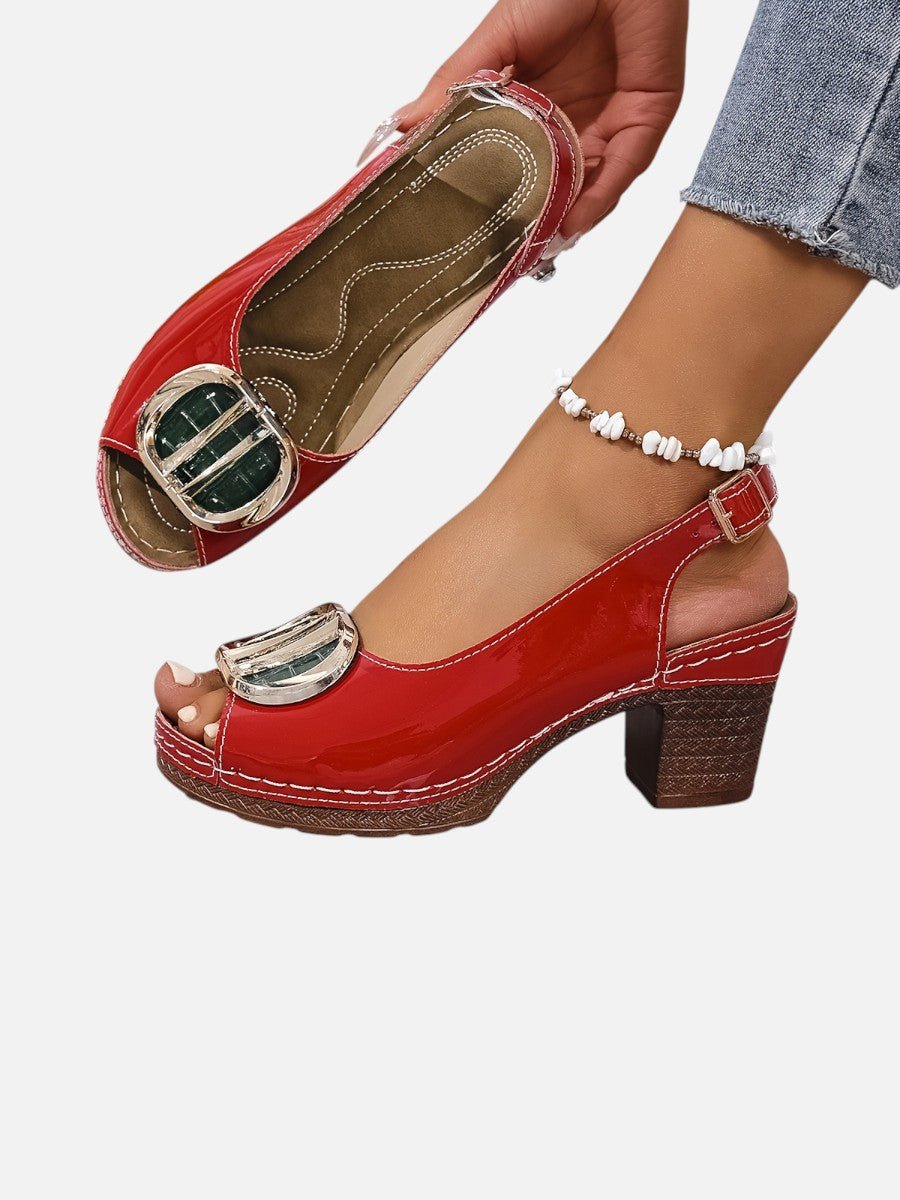 Women's Glossy Leather Look Peep-Toe Heeled Court Shoes