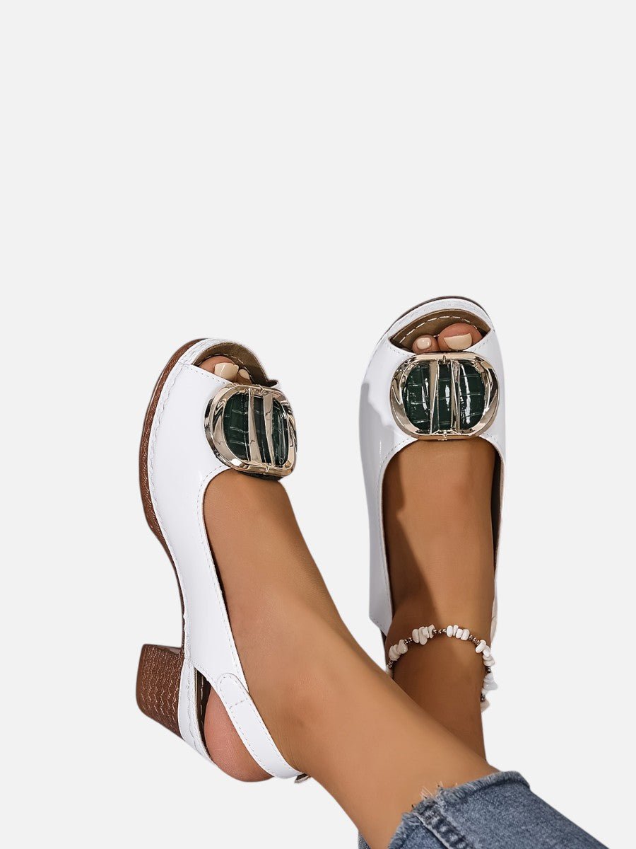 Women's Glossy Leather Look Peep-Toe Heeled Court Shoes