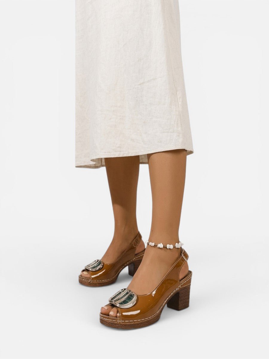 Women's Glossy Leather Look Peep-Toe Heeled Court Shoes