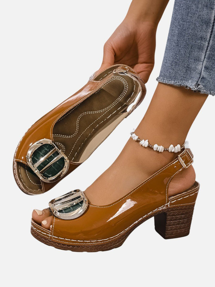 Women's Glossy Leather Look Peep-Toe Heeled Court Shoes