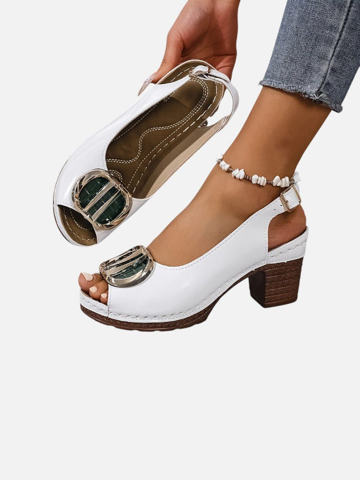 Women's Glossy Leather Look Peep-Toe Heeled Court Shoes