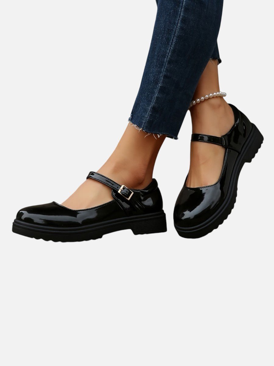 Women's Glossy Patent Leather Mary Jane Buckle Strap Loafers