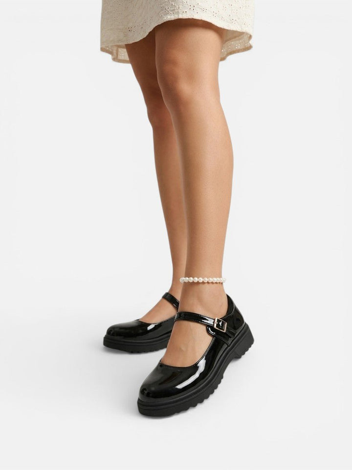 Women's Glossy Patent Leather Mary Jane Buckle Strap Loafers