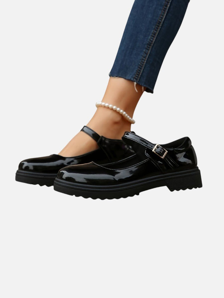 Women's Glossy Patent Leather Mary Jane Buckle Strap Loafers