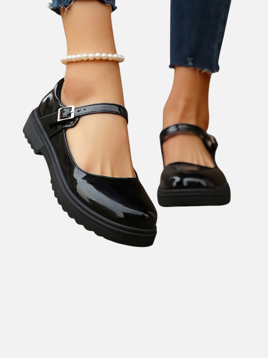 Women's Glossy Patent Leather Mary Jane Buckle Strap Loafers