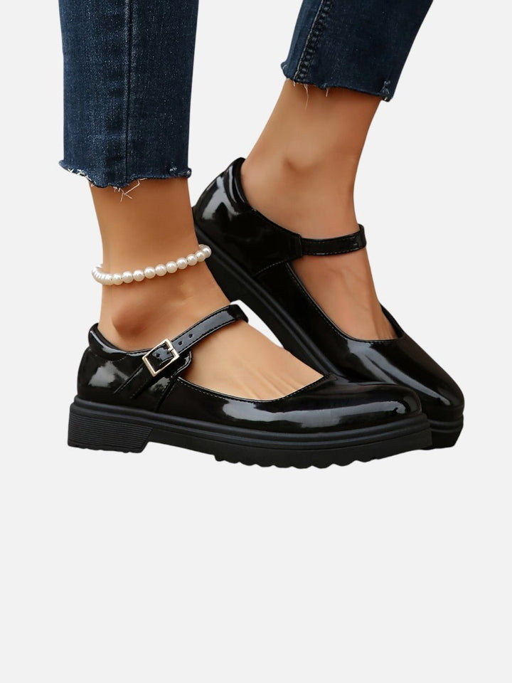 Women's Glossy Patent Leather Mary Jane Buckle Strap Loafers