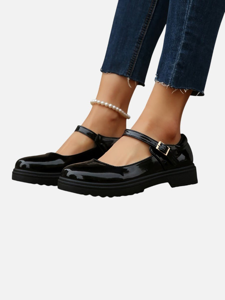 Women's Glossy Patent Leather Mary Jane Buckle Strap Loafers
