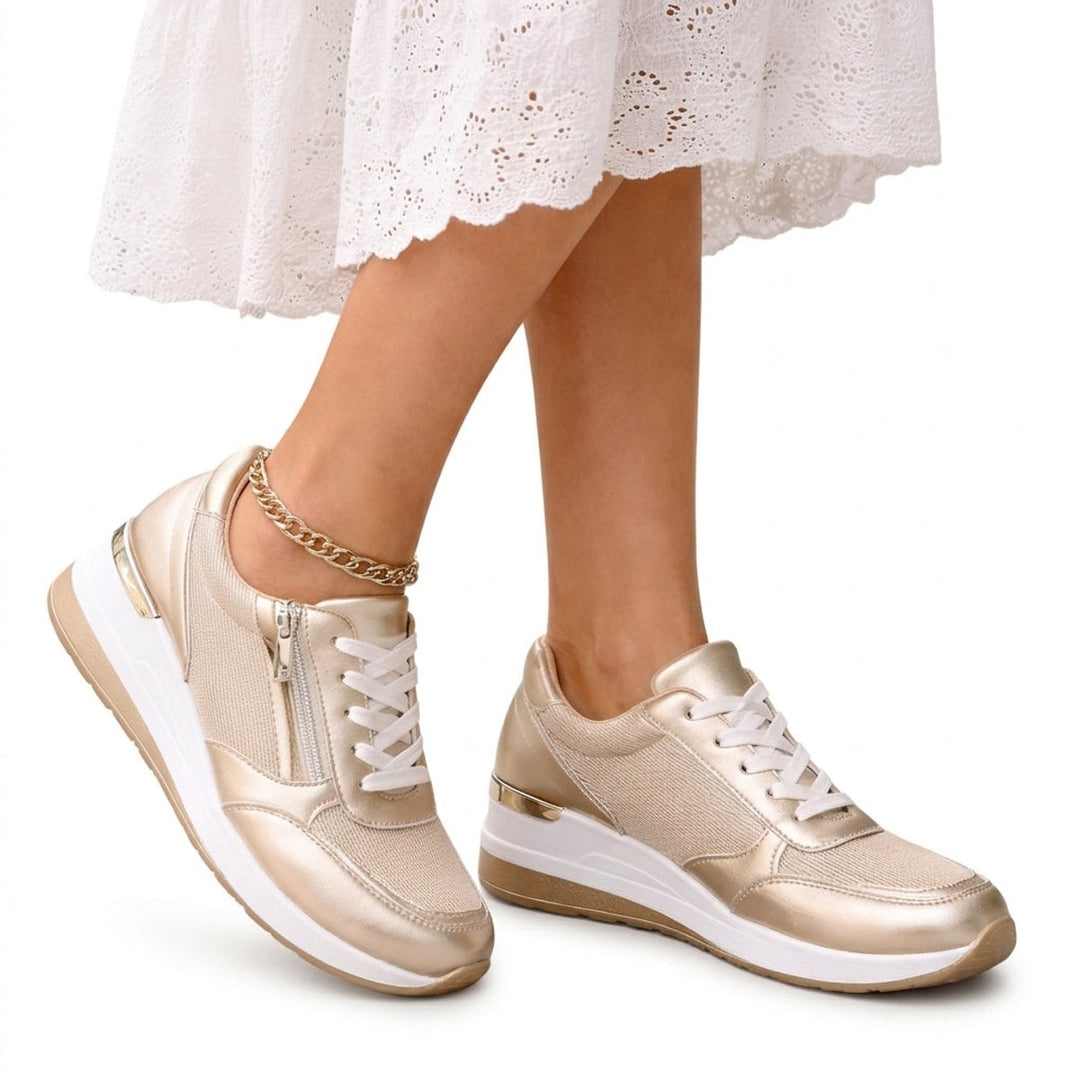 Women's Gold Metallic Wedge Platform Lace-Up Trainers Side Zip