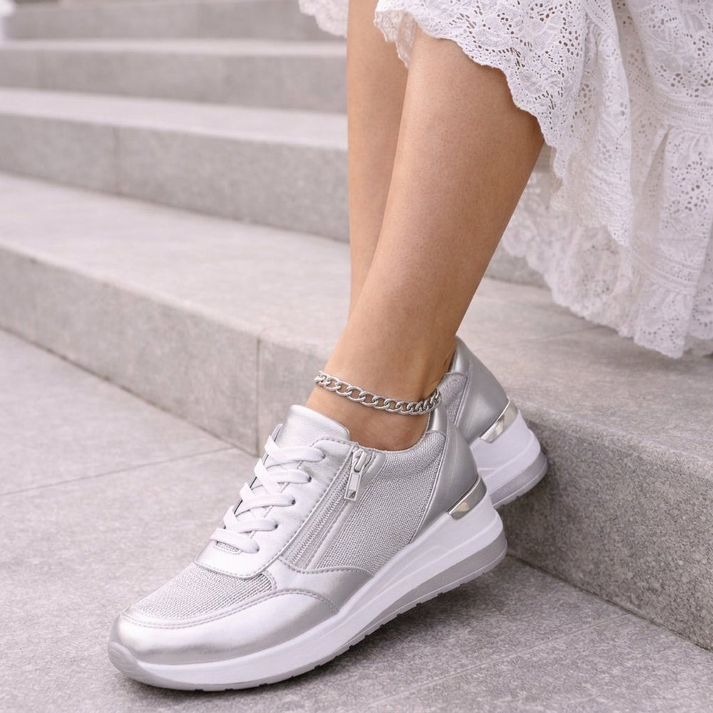 Women's Gold Metallic Wedge Platform Lace-Up Trainers Side Zip