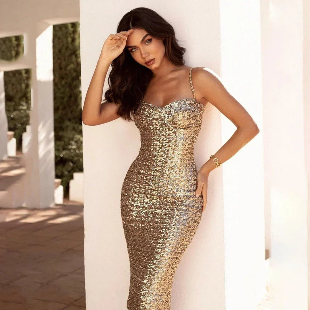 Women's Gold Sequin Fitted Christmas Party Midi Dress Thin Straps
