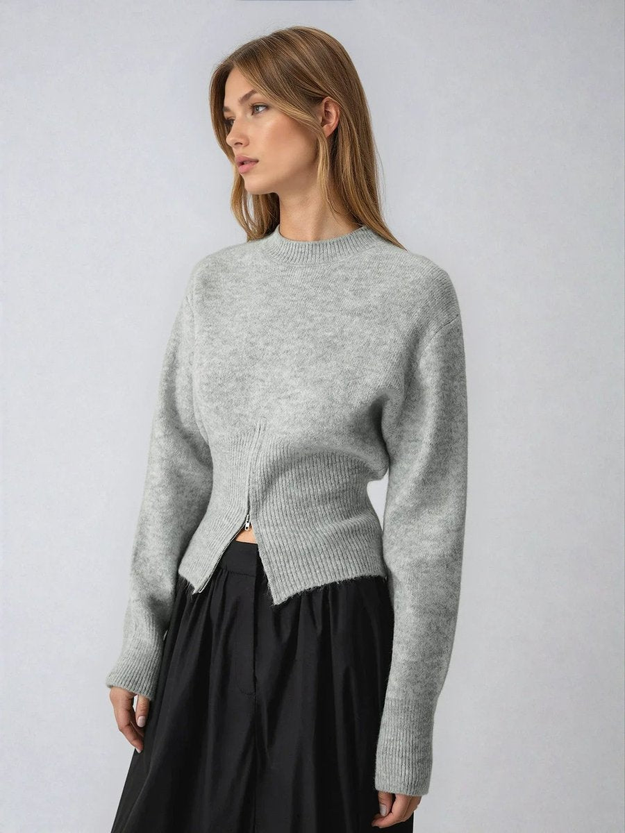 Women's Grey Half-Zip Knitted Jumper Long Sleeve